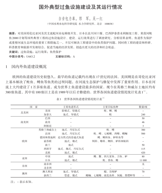 国外典型过鱼设施建设及其运行情况