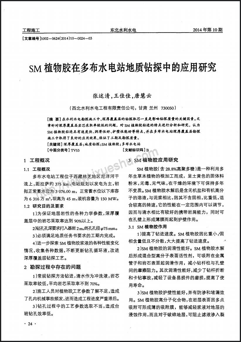 SM植物胶在多布水电站地质钻探中的应用研究